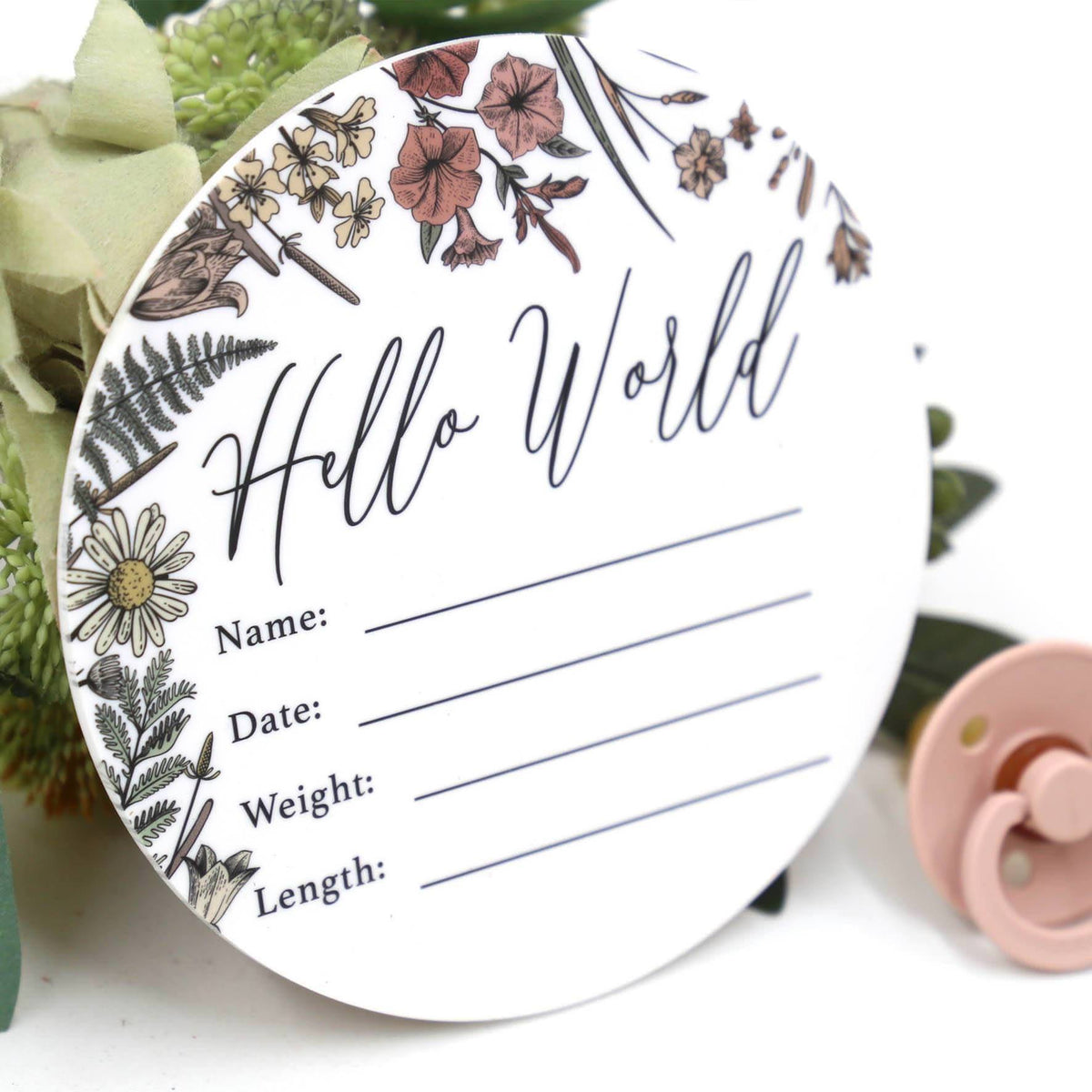 Birth Announcement Card- Hello World White Acrylic Printed Wildflower
