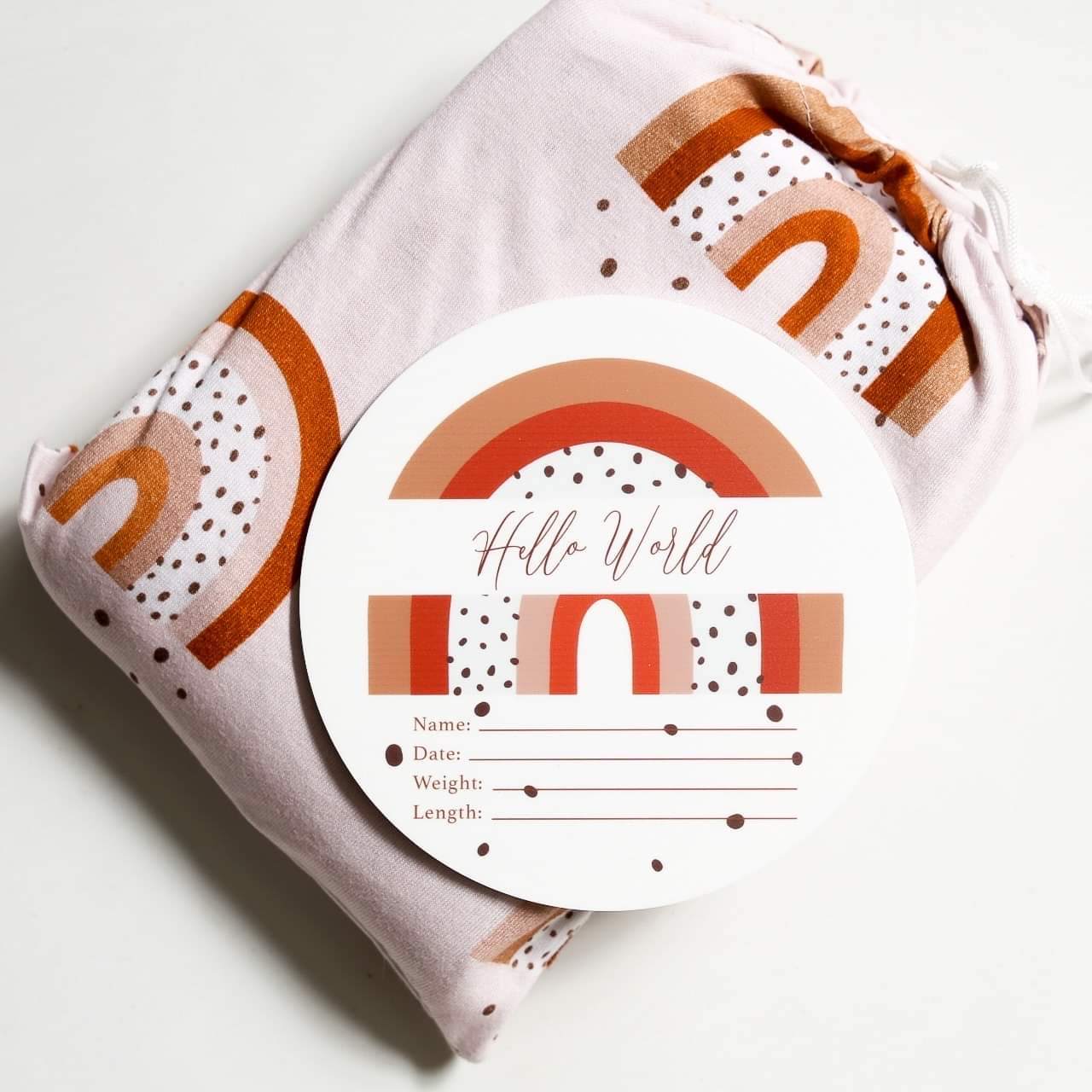 Birth Announcement Card- Hello World Blush Earthy Rainbow and matching rainbow swaddle