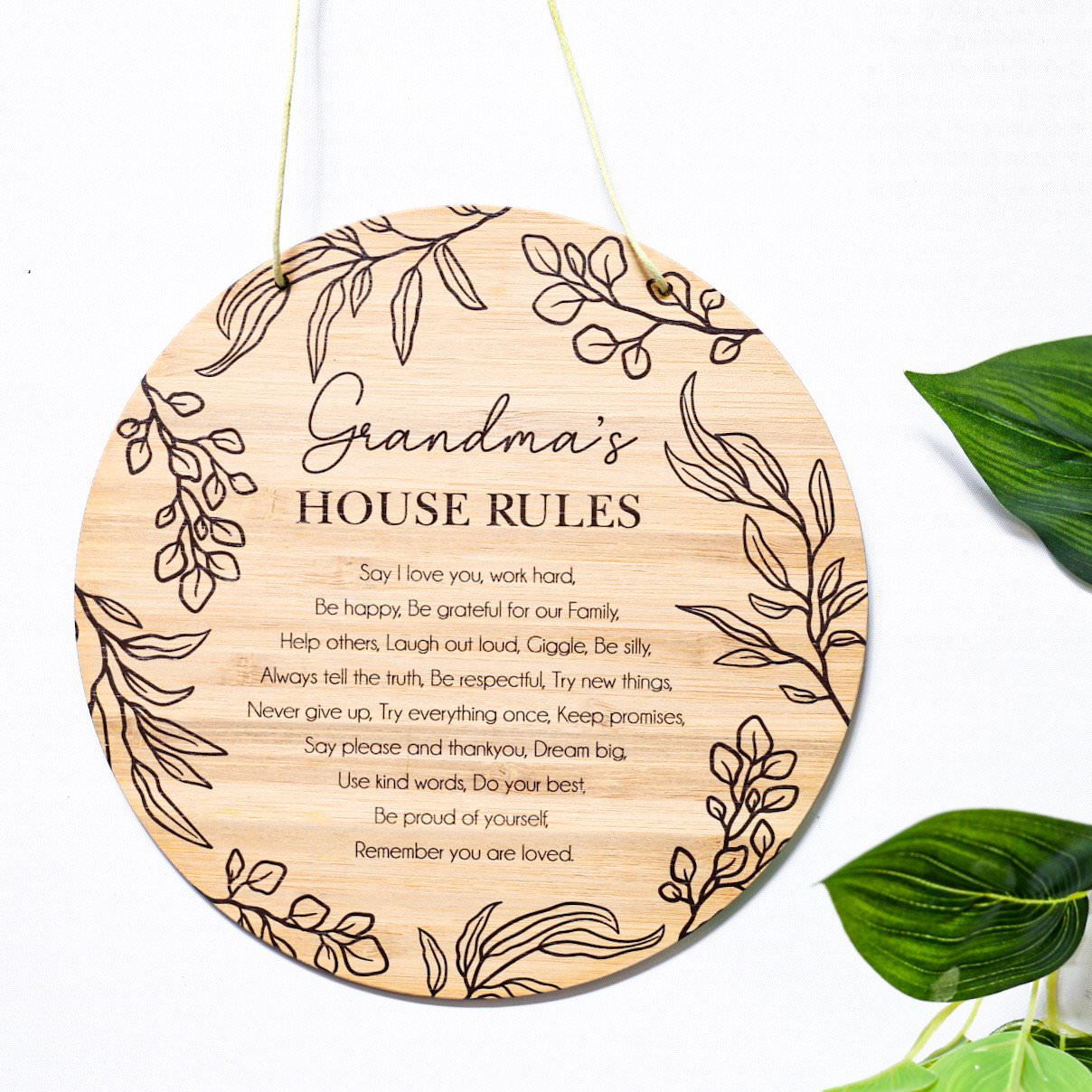 House Rules Round Bamboo Plaque