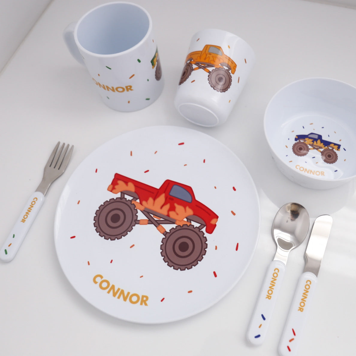 Personalised Kids Dinner Set - Monster Trucks