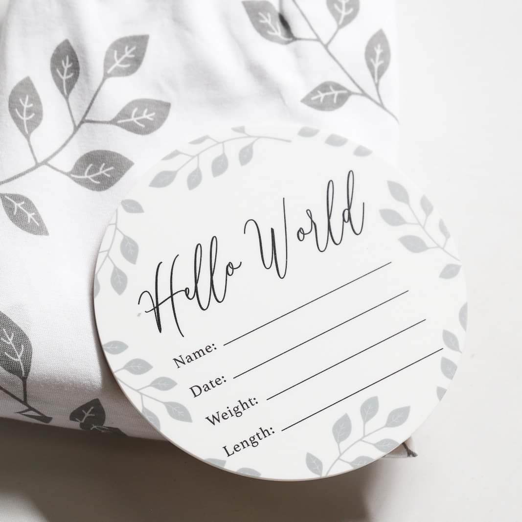 Birth Announcement Card- Hello World Organic Leaf