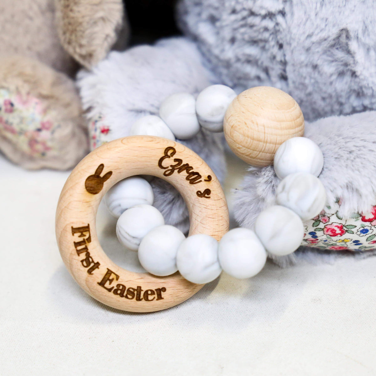 Silicone Teether with Personalised Easter Beechwood Ring