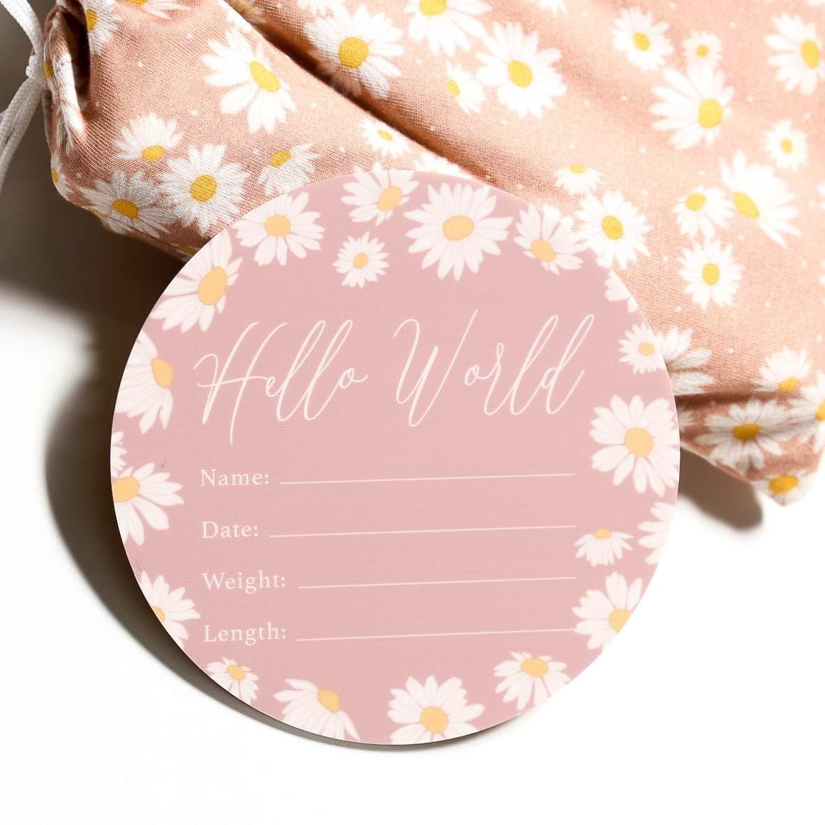 Birth Announcement Card- Hello World Daisy Polka Dot