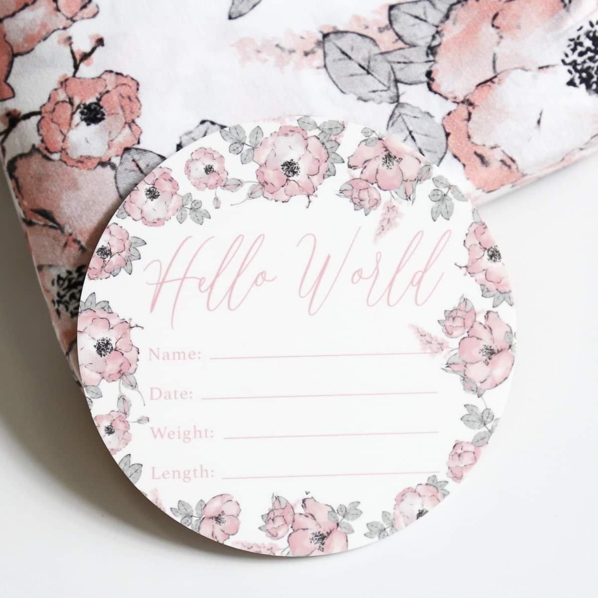 Birth Announcement Card- Hello World Blushing Bloom