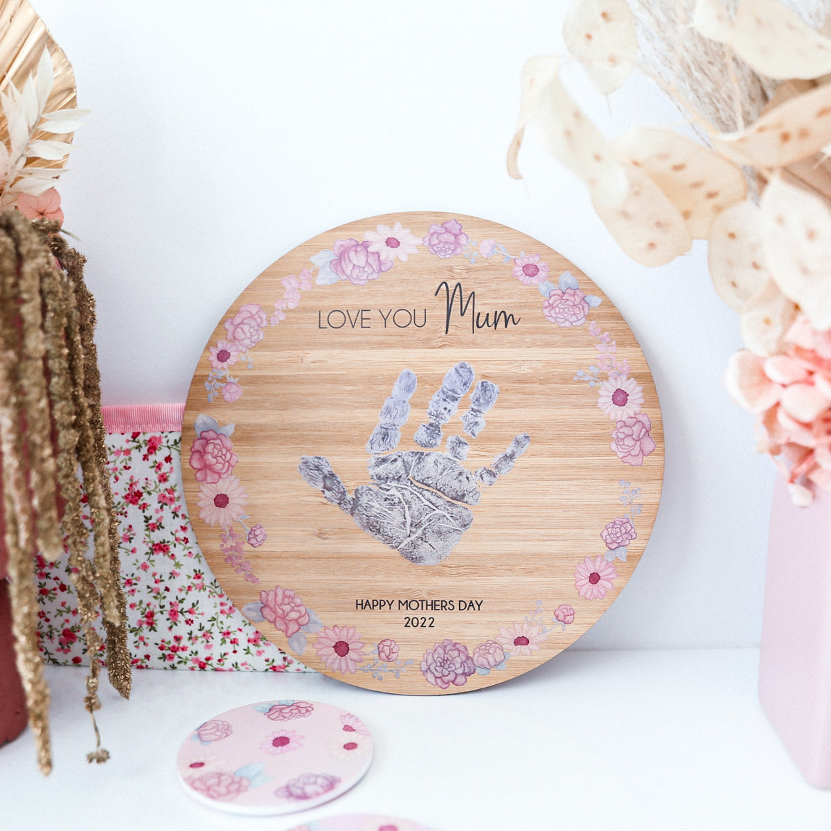 Hand Print Mother&#39;s Day Round Bamboo Plaque