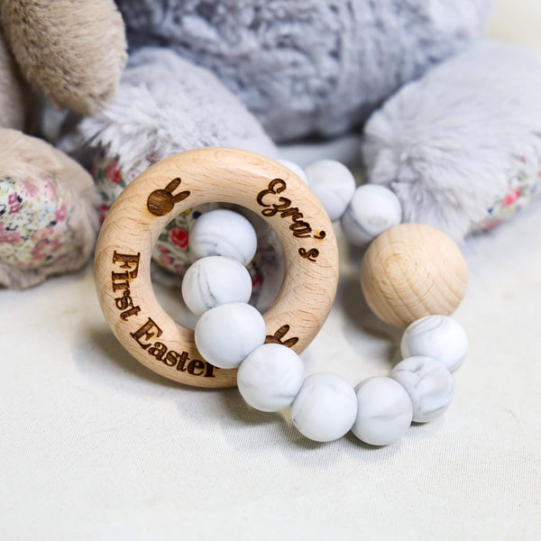 Silicone Teether with Personalised Easter Beechwood Ring - CMC Gold