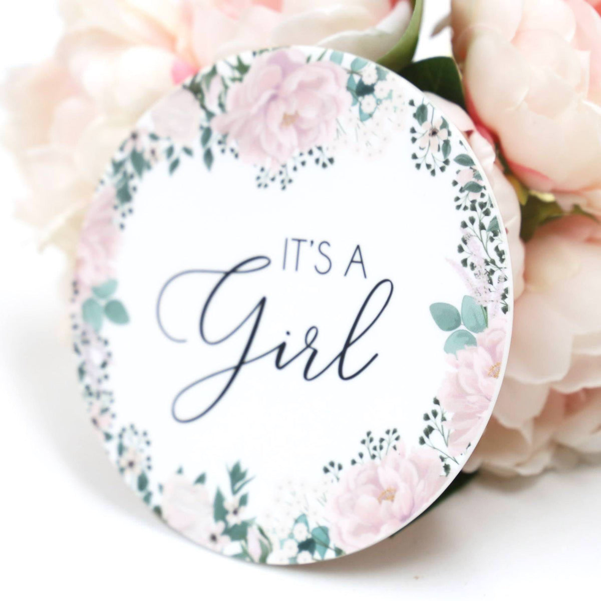 It&#39;s A Girl- Pink &amp; White Floral Boarder Birth Announcement Plaque