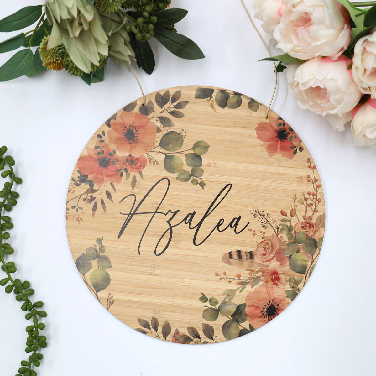 Printed Round Plaque- Floral &amp; Green Foliage Plaque
