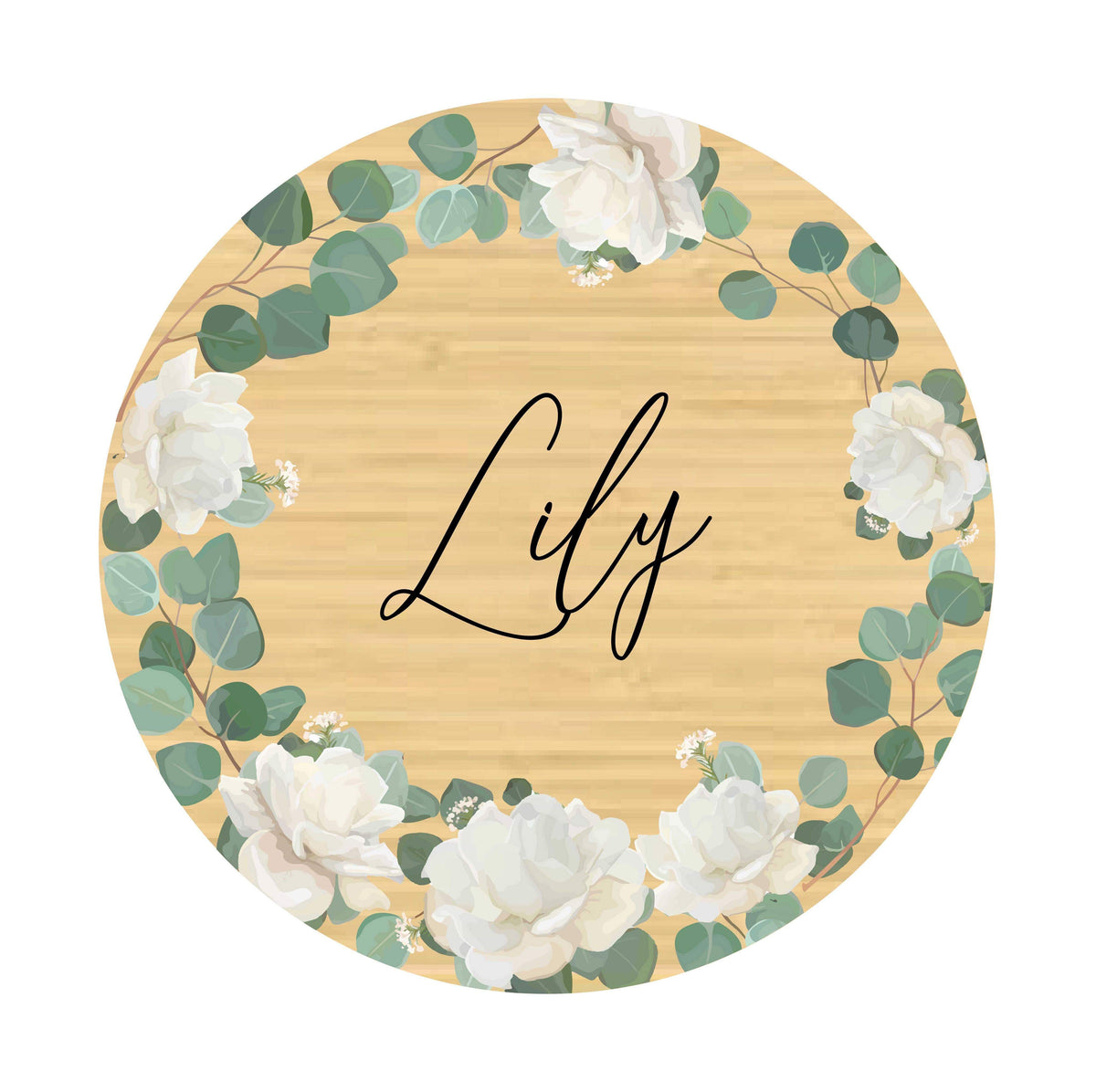Printed Round Plaque- White Floral &amp; Green Foliage Plaque
