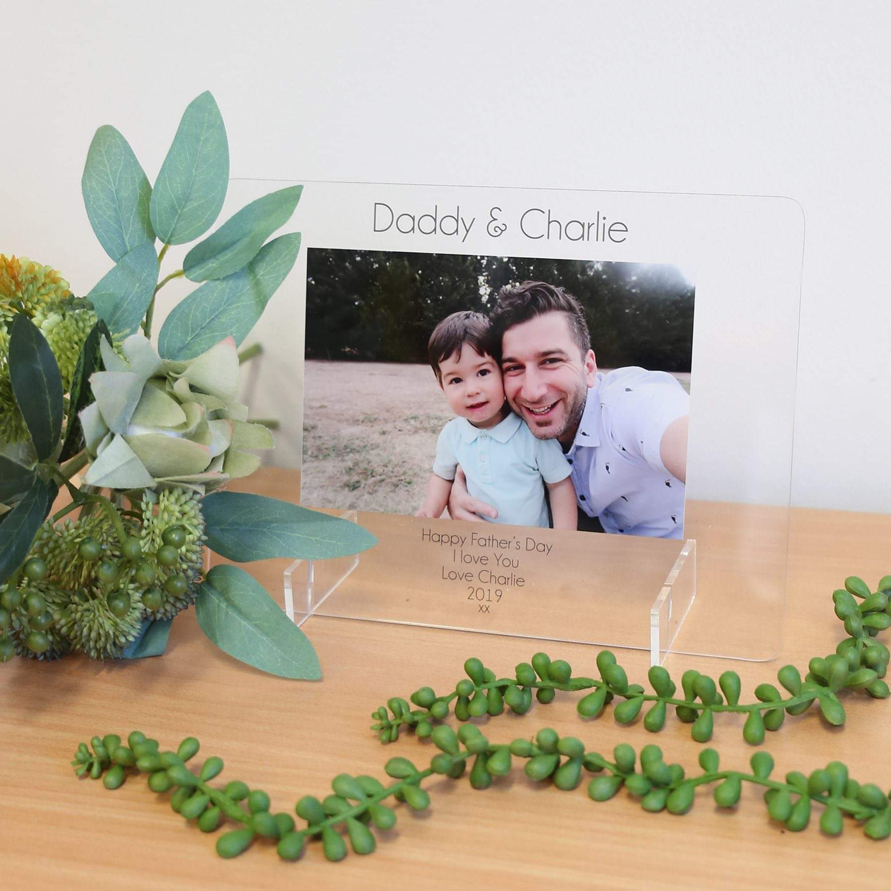 Transparent Acrylic Printed Photo Frame - Daddy & Child Happy Father's Day - Custom Text